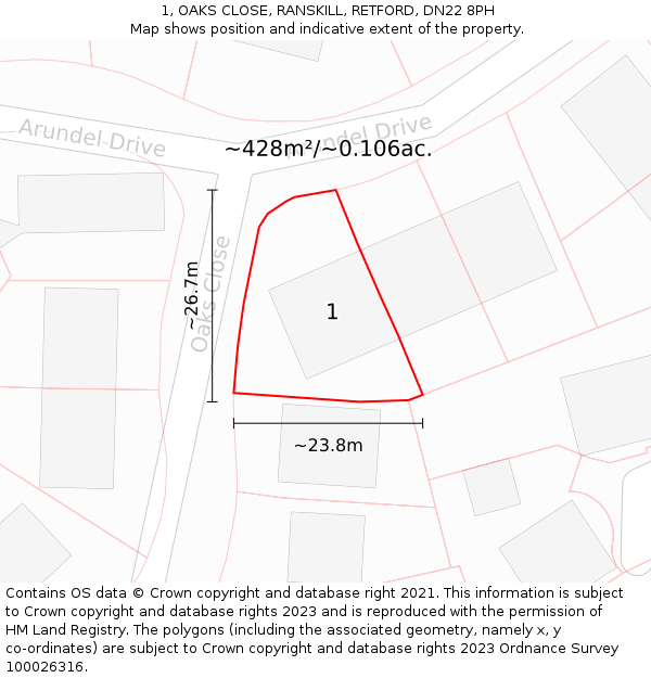 1, OAKS CLOSE, RANSKILL, RETFORD, DN22 8PH: Plot and title map