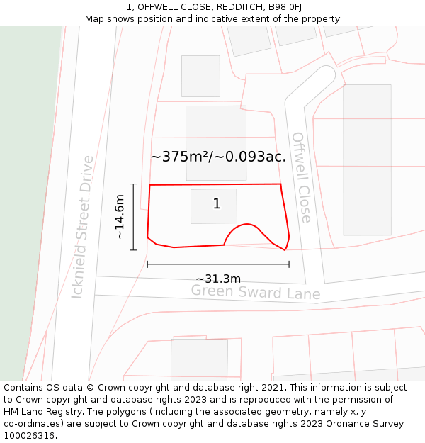 1, OFFWELL CLOSE, REDDITCH, B98 0FJ: Plot and title map