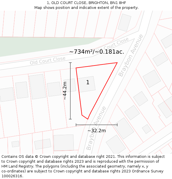 1, OLD COURT CLOSE, BRIGHTON, BN1 8HF: Plot and title map