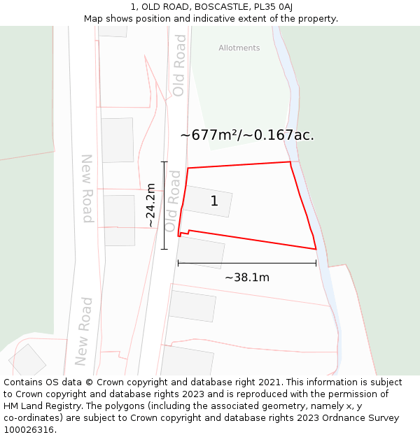 1, OLD ROAD, BOSCASTLE, PL35 0AJ: Plot and title map