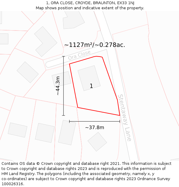 1, ORA CLOSE, CROYDE, BRAUNTON, EX33 1NJ: Plot and title map