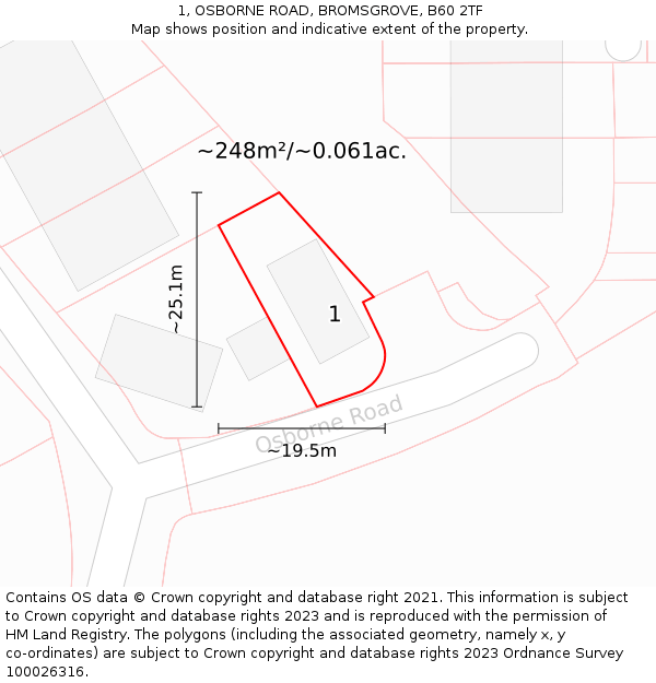 1, OSBORNE ROAD, BROMSGROVE, B60 2TF: Plot and title map