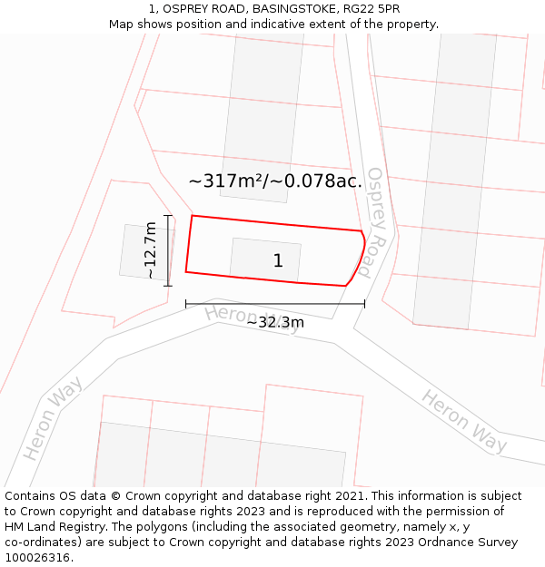 1, OSPREY ROAD, BASINGSTOKE, RG22 5PR: Plot and title map