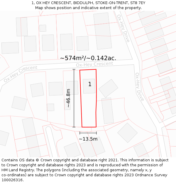 1, OX HEY CRESCENT, BIDDULPH, STOKE-ON-TRENT, ST8 7EY: Plot and title map