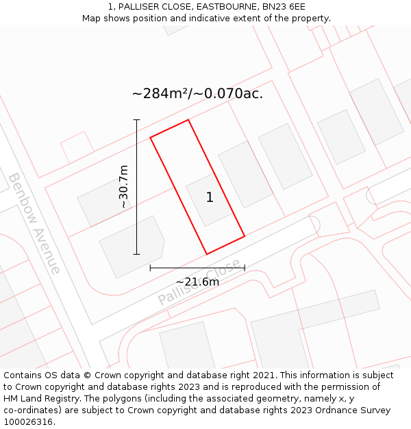 1, PALLISER CLOSE, EASTBOURNE, BN23 6EE: Plot and title map