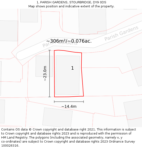 1, PARISH GARDENS, STOURBRIDGE, DY9 0DS: Plot and title map