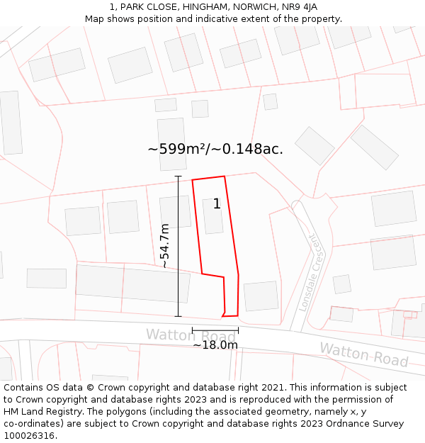 1, PARK CLOSE, HINGHAM, NORWICH, NR9 4JA: Plot and title map