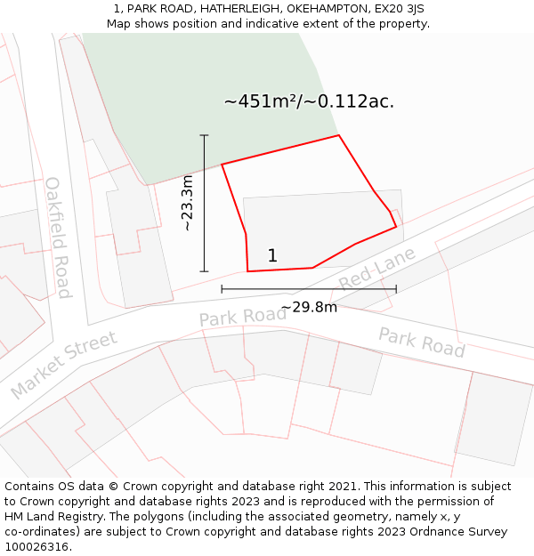 1, PARK ROAD, HATHERLEIGH, OKEHAMPTON, EX20 3JS: Plot and title map