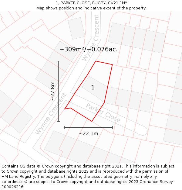 1, PARKER CLOSE, RUGBY, CV21 1NY: Plot and title map