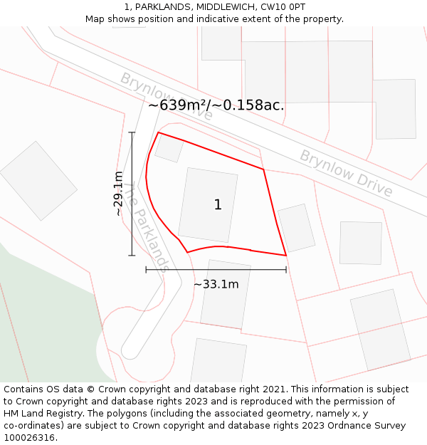 1, PARKLANDS, MIDDLEWICH, CW10 0PT: Plot and title map