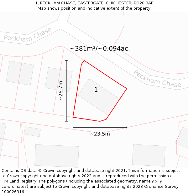1, PECKHAM CHASE, EASTERGATE, CHICHESTER, PO20 3AR: Plot and title map