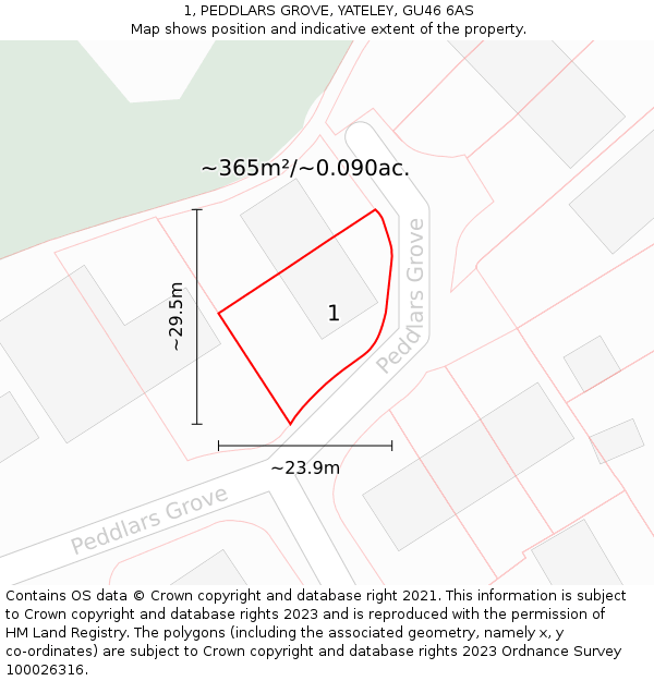 1, PEDDLARS GROVE, YATELEY, GU46 6AS: Plot and title map