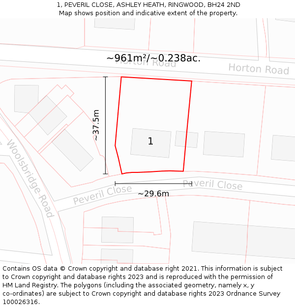 1, PEVERIL CLOSE, ASHLEY HEATH, RINGWOOD, BH24 2ND: Plot and title map