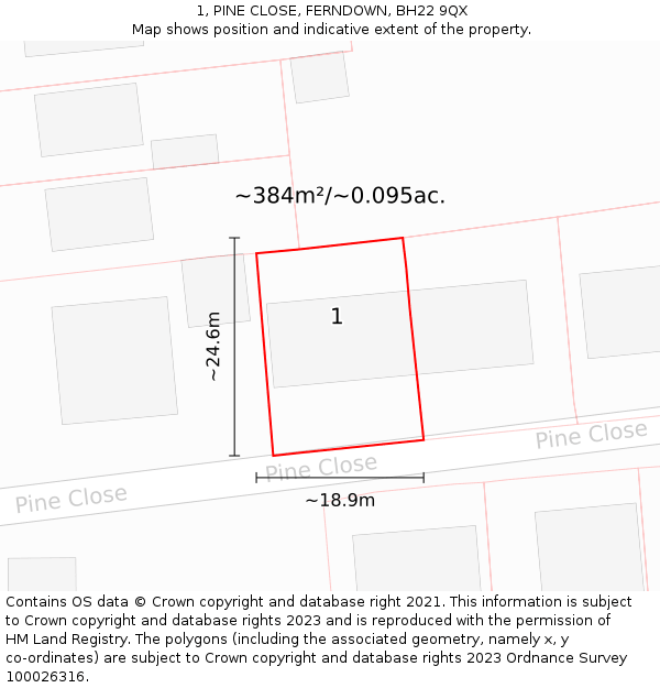 1, PINE CLOSE, FERNDOWN, BH22 9QX: Plot and title map