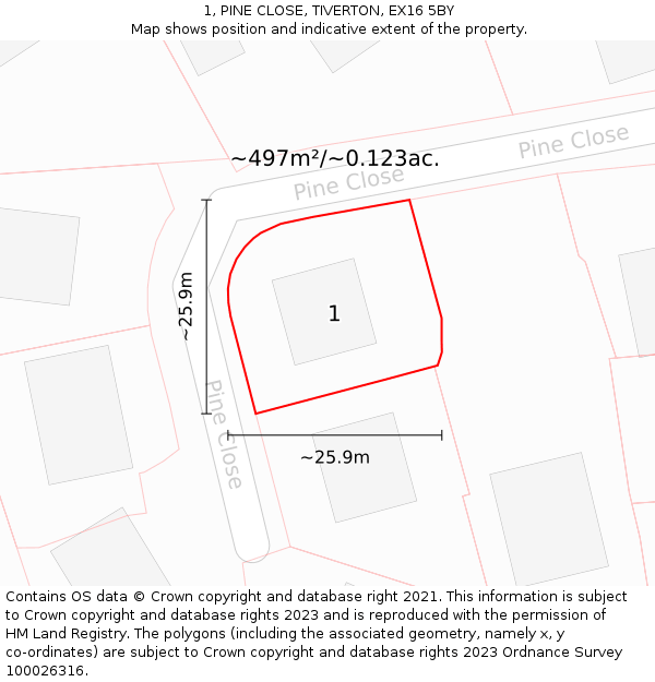 1, PINE CLOSE, TIVERTON, EX16 5BY: Plot and title map