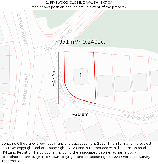 1, PINEWOOD CLOSE, DAWLISH, EX7 0AJ: Plot and title map