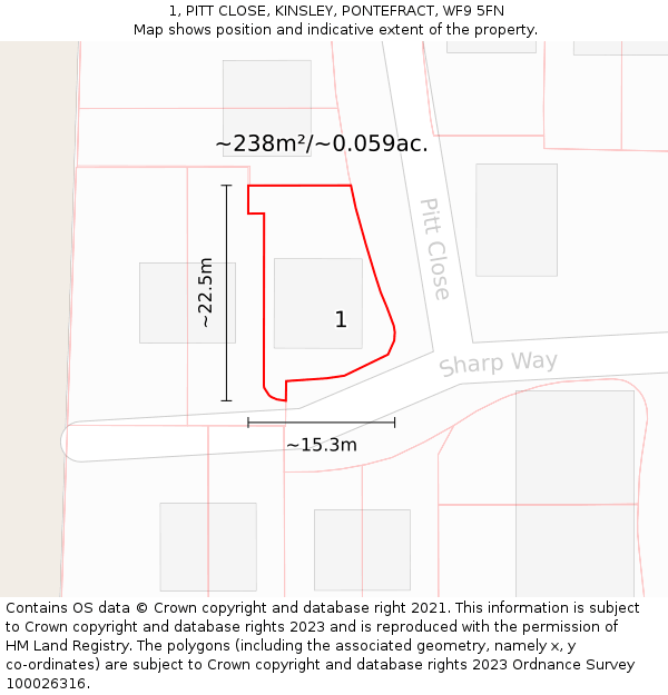 1, PITT CLOSE, KINSLEY, PONTEFRACT, WF9 5FN: Plot and title map