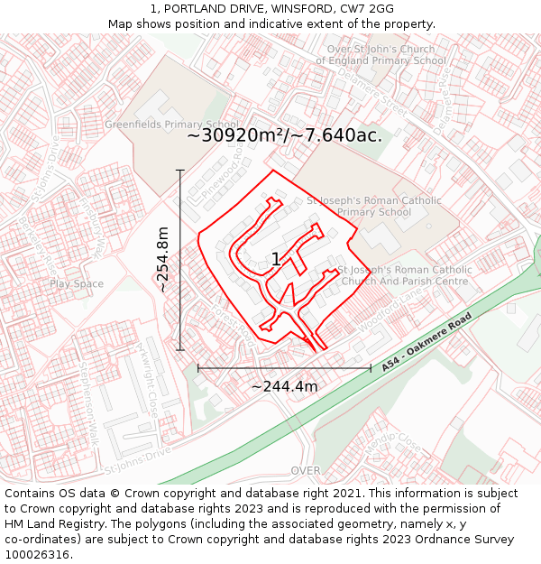 1, PORTLAND DRIVE, WINSFORD, CW7 2GG: Plot and title map