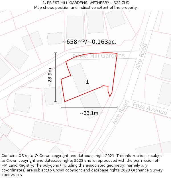 1, PRIEST HILL GARDENS, WETHERBY, LS22 7UD: Plot and title map