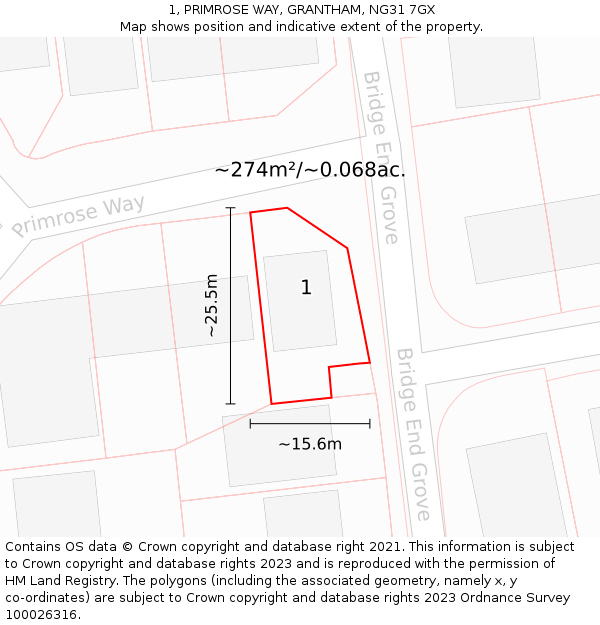 1, PRIMROSE WAY, GRANTHAM, NG31 7GX: Plot and title map