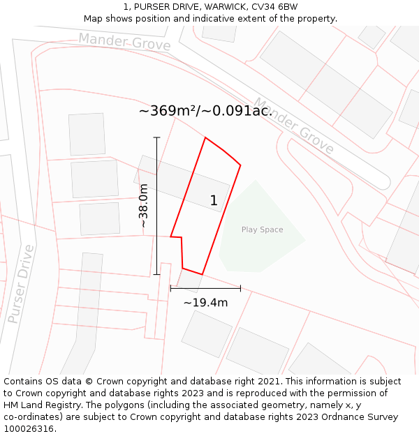 1, PURSER DRIVE, WARWICK, CV34 6BW: Plot and title map