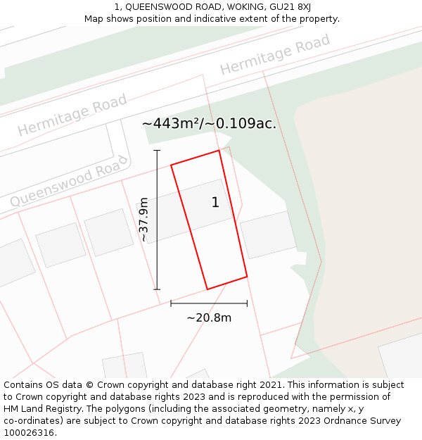 1, QUEENSWOOD ROAD, WOKING, GU21 8XJ: Plot and title map