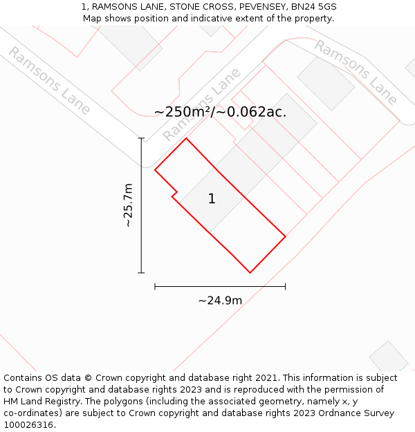 1, RAMSONS LANE, STONE CROSS, PEVENSEY, BN24 5GS: Plot and title map