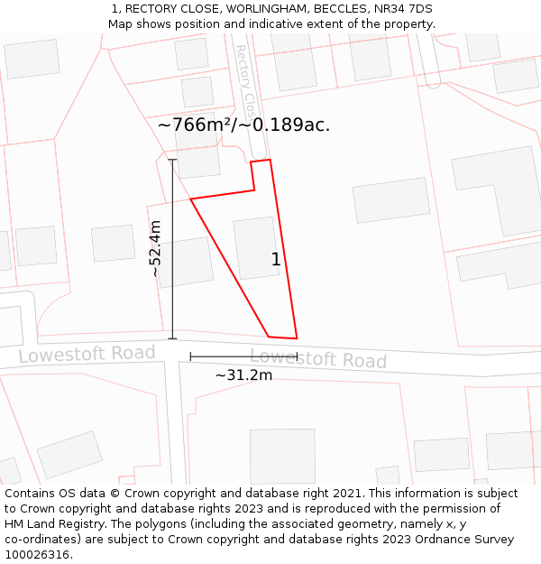 1, RECTORY CLOSE, WORLINGHAM, BECCLES, NR34 7DS: Plot and title map