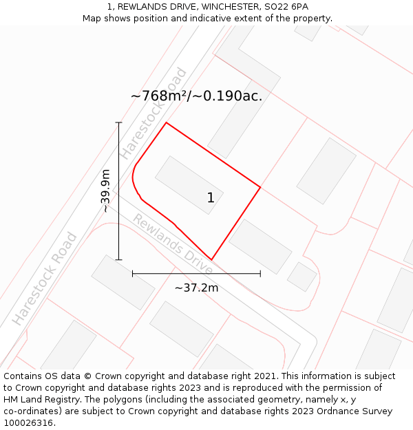 1, REWLANDS DRIVE, WINCHESTER, SO22 6PA: Plot and title map