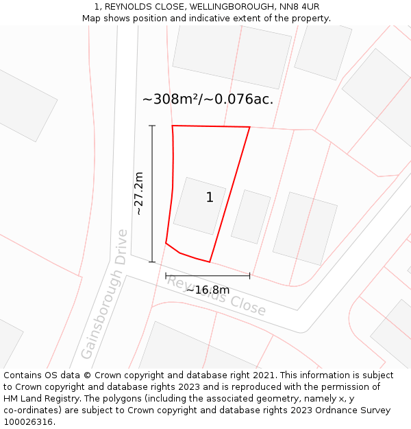 1, REYNOLDS CLOSE, WELLINGBOROUGH, NN8 4UR: Plot and title map