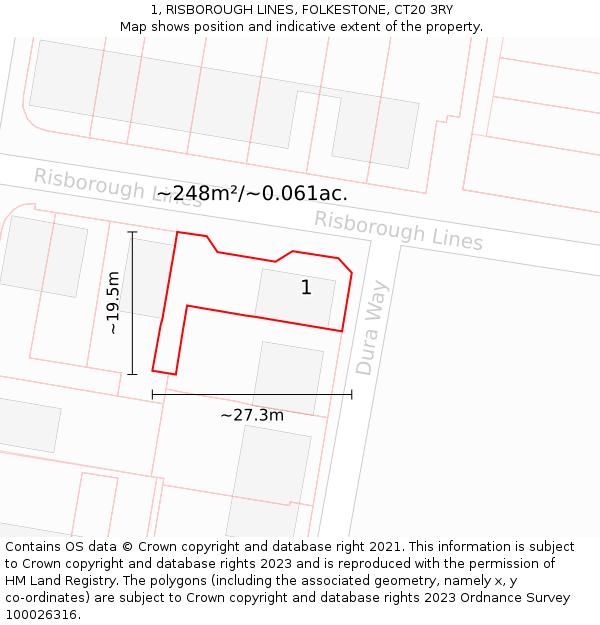 1, RISBOROUGH LINES, FOLKESTONE, CT20 3RY: Plot and title map