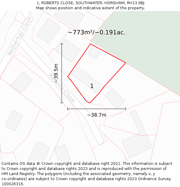 1, ROBERTS CLOSE, SOUTHWATER, HORSHAM, RH13 9BJ: Plot and title map