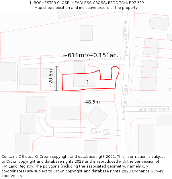 1, ROCHESTER CLOSE, HEADLESS CROSS, REDDITCH, B97 5FP: Plot and title map