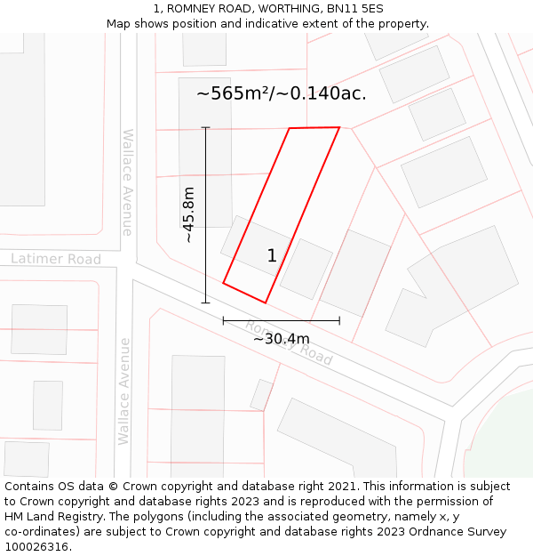 1, ROMNEY ROAD, WORTHING, BN11 5ES: Plot and title map