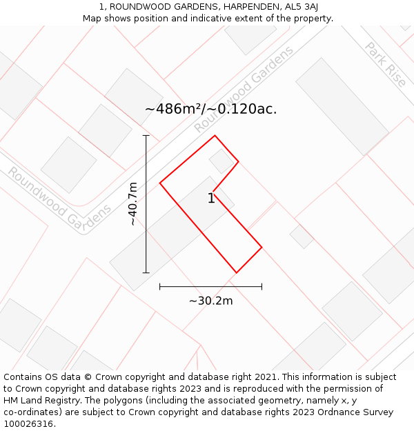 1, ROUNDWOOD GARDENS, HARPENDEN, AL5 3AJ: Plot and title map