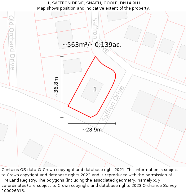 1, SAFFRON DRIVE, SNAITH, GOOLE, DN14 9LH: Plot and title map