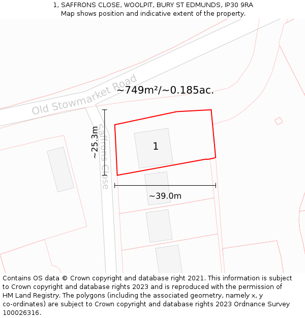 1, SAFFRONS CLOSE, WOOLPIT, BURY ST EDMUNDS, IP30 9RA: Plot and title map