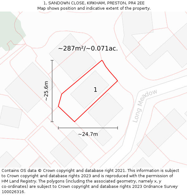 1, SANDOWN CLOSE, KIRKHAM, PRESTON, PR4 2EE: Plot and title map