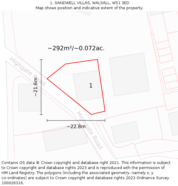 1, SANDWELL VILLAS, WALSALL, WS1 3ED: Plot and title map