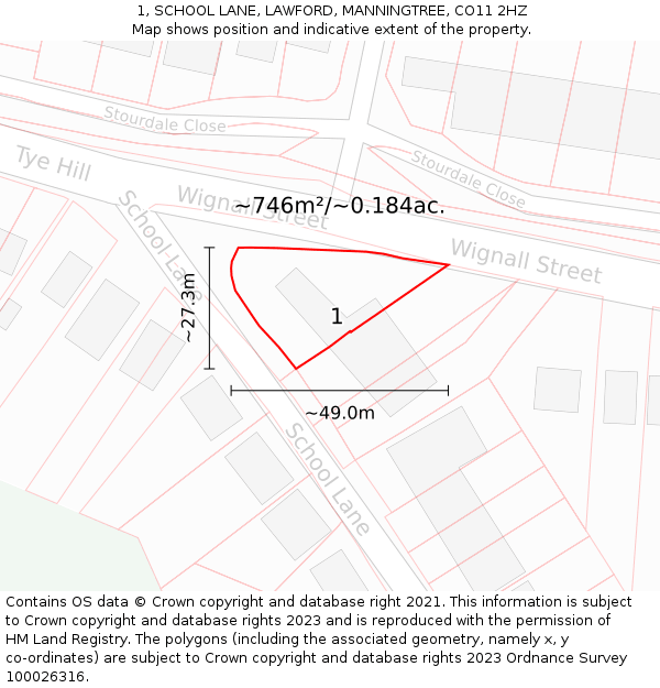 1, SCHOOL LANE, LAWFORD, MANNINGTREE, CO11 2HZ: Plot and title map