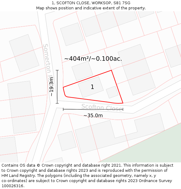 1, SCOFTON CLOSE, WORKSOP, S81 7SG: Plot and title map