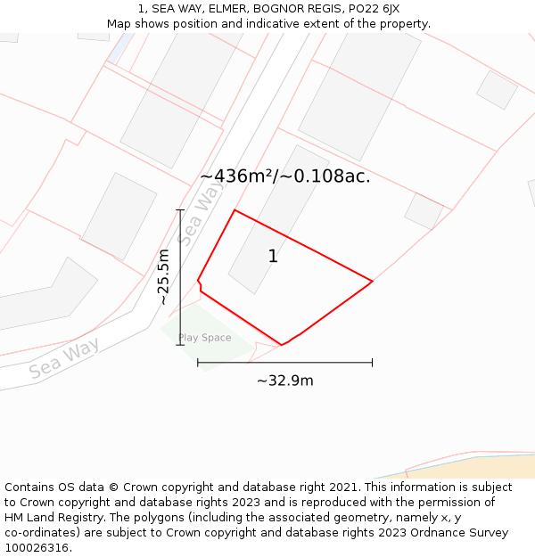 1, SEA WAY, ELMER, BOGNOR REGIS, PO22 6JX: Plot and title map