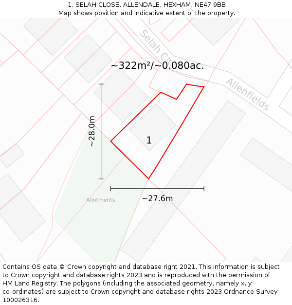 1, SELAH CLOSE, ALLENDALE, HEXHAM, NE47 9BB: Plot and title map