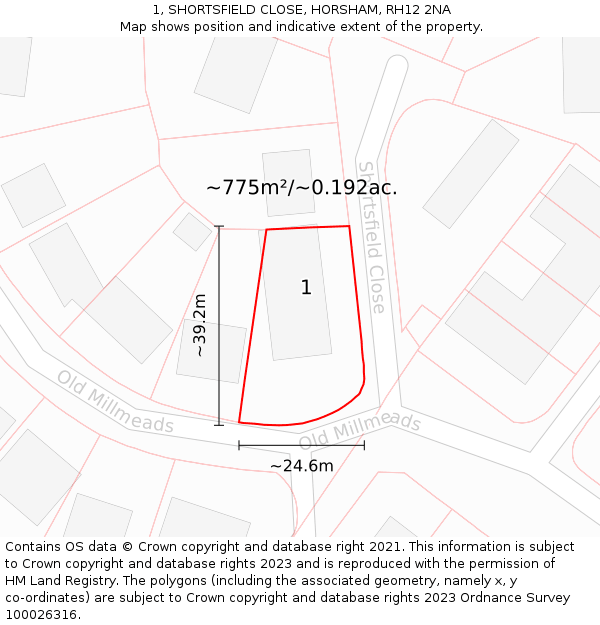 1, SHORTSFIELD CLOSE, HORSHAM, RH12 2NA: Plot and title map