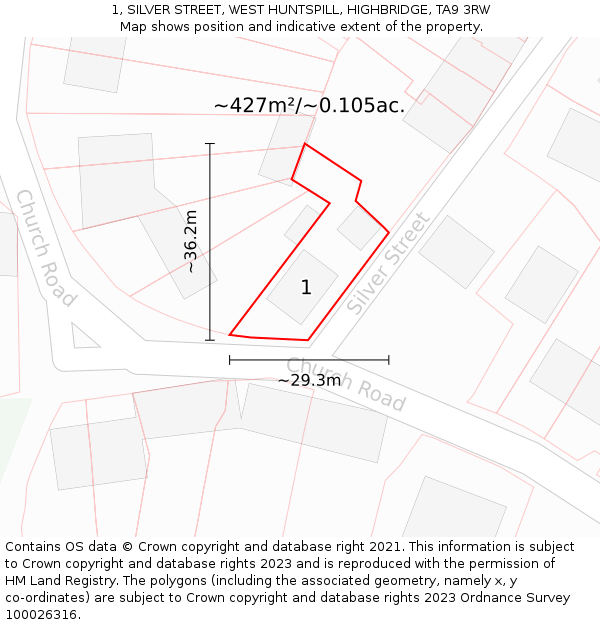 1, SILVER STREET, WEST HUNTSPILL, HIGHBRIDGE, TA9 3RW: Plot and title map