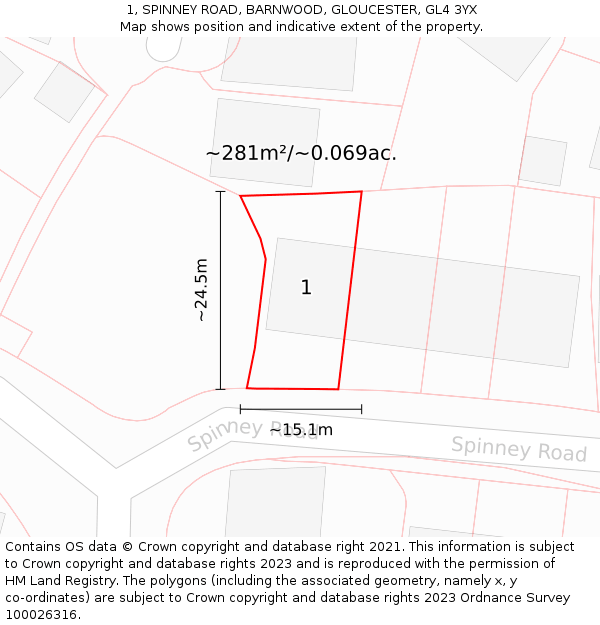 1, SPINNEY ROAD, BARNWOOD, GLOUCESTER, GL4 3YX: Plot and title map