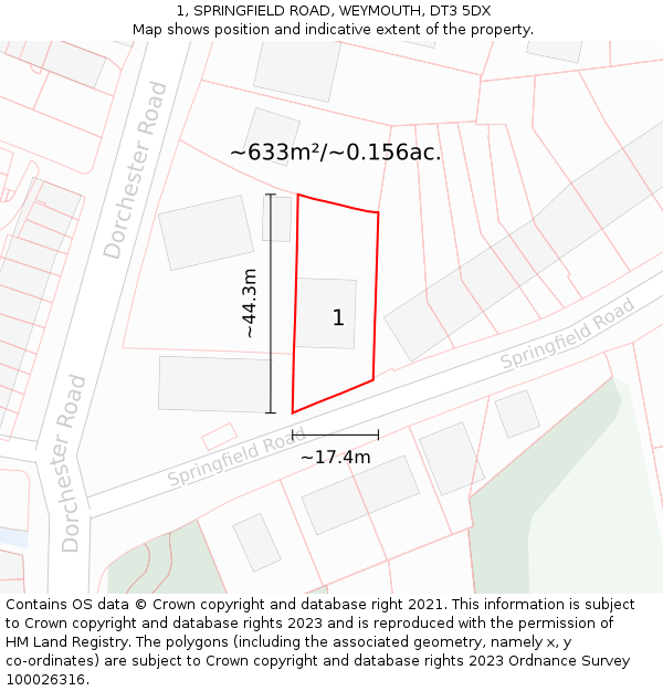 1, SPRINGFIELD ROAD, WEYMOUTH, DT3 5DX: Plot and title map