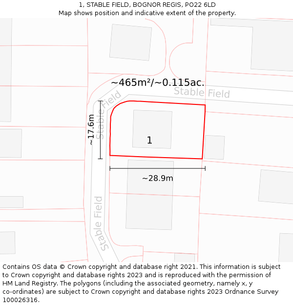 1, STABLE FIELD, BOGNOR REGIS, PO22 6LD: Plot and title map