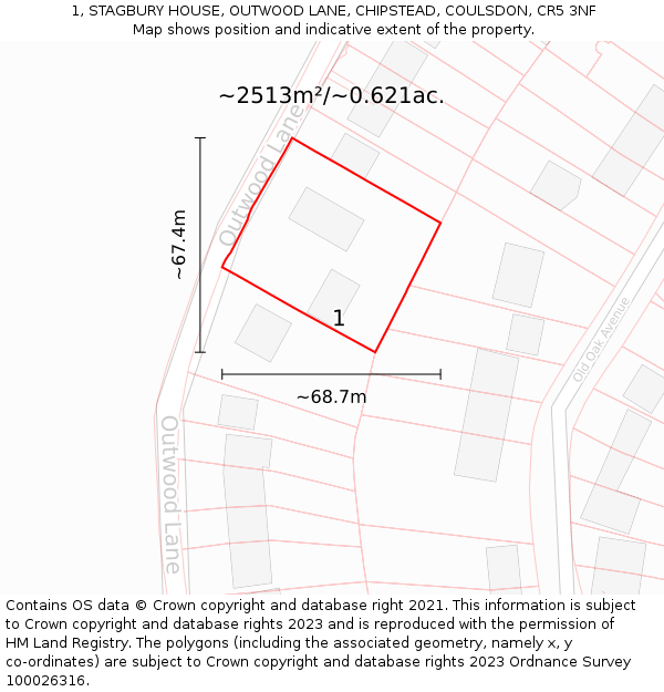 1, STAGBURY HOUSE, OUTWOOD LANE, CHIPSTEAD, COULSDON, CR5 3NF: Plot and title map