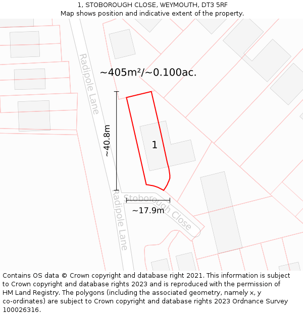 1, STOBOROUGH CLOSE, WEYMOUTH, DT3 5RF: Plot and title map